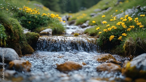 Rocks and flowers alongside a gentle stream High Resolution Picture