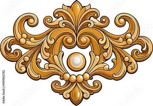 A Rococo-style gold filigree ornament, richly decorated with swirls, acanthus leaves, and pearl accents, highly detailed, floating on a white background