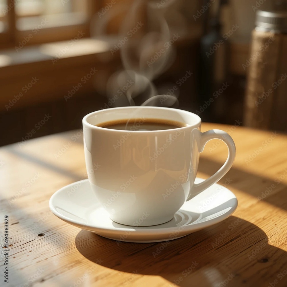 Warm Cup of Coffee on Sunny Wooden Table Perfect Morning Image Warm Cup of Coffee on Sunny Wooden Table Perfect Morning Image