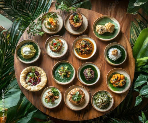Round wooden table laden with small plates of diverse dishes