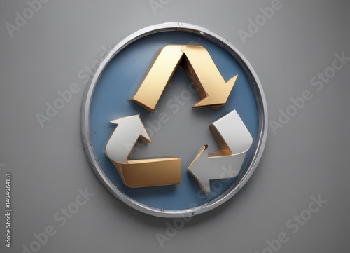 Close-up of a single recycling symbol, metallic texture,  photography,  silver,  nature