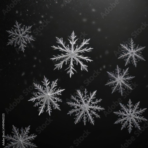 Intricate snowflakes falling against a pure black backdrop ,  image, snow,  precipitation