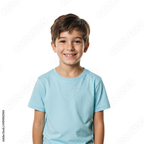 Smiling young boy in blue shirt isolated on transparent background