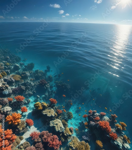 Sun-dappled ocean surface, calm blue water; vibrant coral reef below , ocean, tranquil
