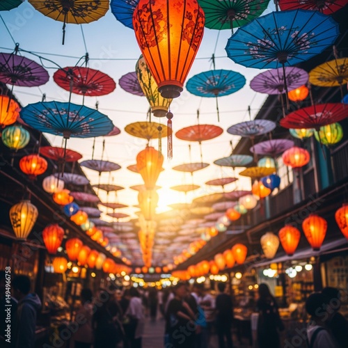 an asian night market with traditional lanterns and umbrellas at gold hour