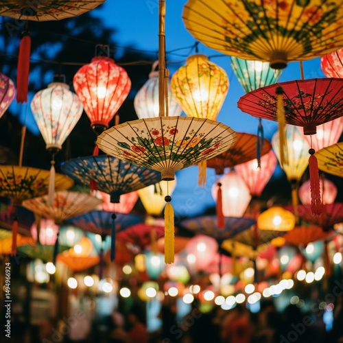 an asian night market with traditional lanterns and umbrellas at gold hour