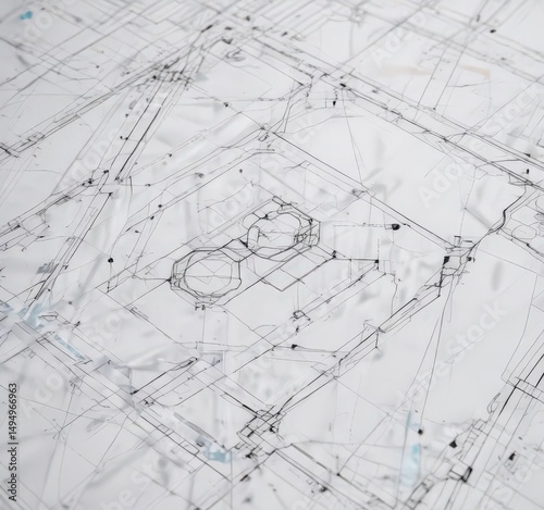 Technical drawing blueprint effect; white background, black lines, geometric shapes, illustration, structure, design element