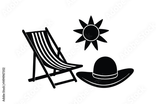 Silhouette art illustration of a deck chair, a sun hat in beach vibes.eps