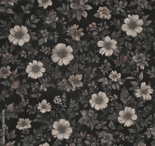 Elegant small-scale charcoal floral wallpaper; vintage-inspired blooms and leafy accents ,  charcoal,  wallpaper
