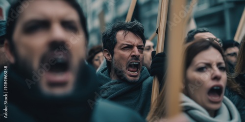 Protesters chant passionately during a demonstration advocating for social change in an urban setting in the early evening