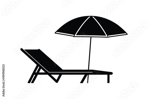 Silhouette art illustration of a lounge chair and a large umbrella.eps