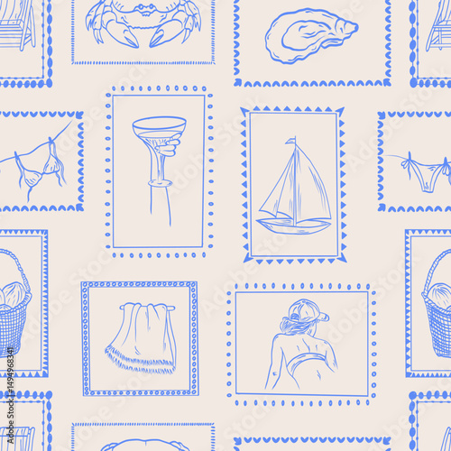 Hand drawn Mediterranean summer seamless pattern. Italy la dolce vita coastal print, wrap paper, retro fabric, textile design. Doodle sketch palm tree, lemon, crab, swimsuit, basket with pineapple. 