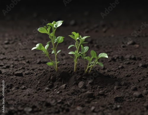 A vibrant pea sprout pushes through dark soil, early growth stage ,  biology,  green,  germination