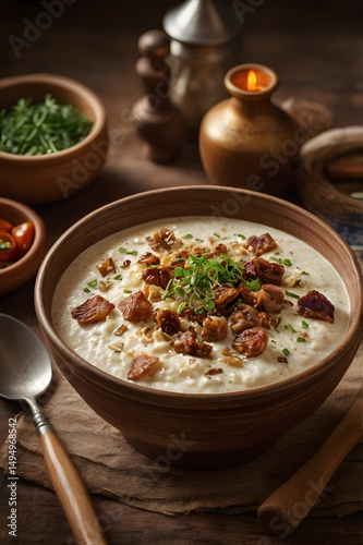 Lebanese-Syrian Kishk – creamy fermented wheat and yogurt porridge topped with caramelized onions and tender meat. Authentic Middle Eastern Arabic comfort food.
