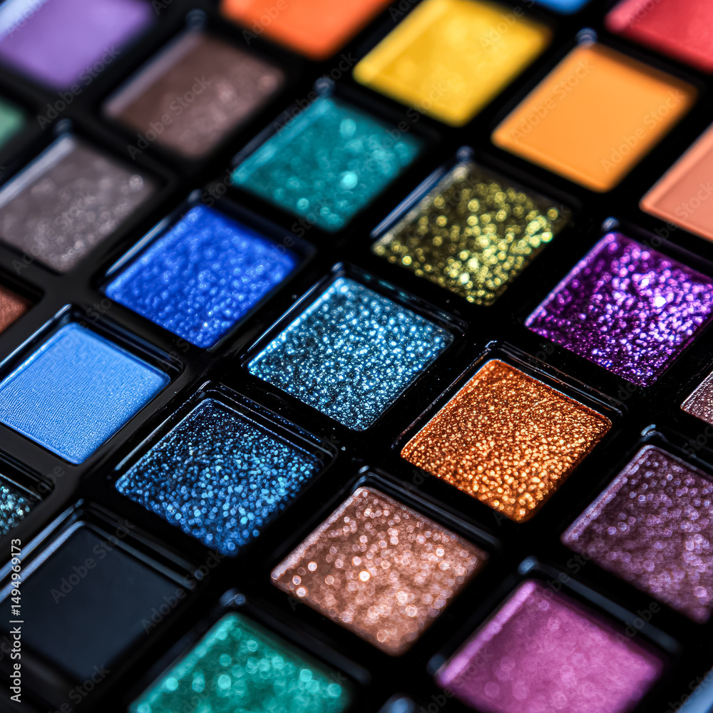 Fototapeta premium Close up of a makeup palette with many different colors. The palette is full of glitter and the colors are bright and vibrant. Concept of fun and excitement