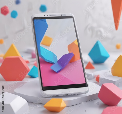 Bright colorful shapes surrounding a white smartphone mockup ,  colorful,  minimalist