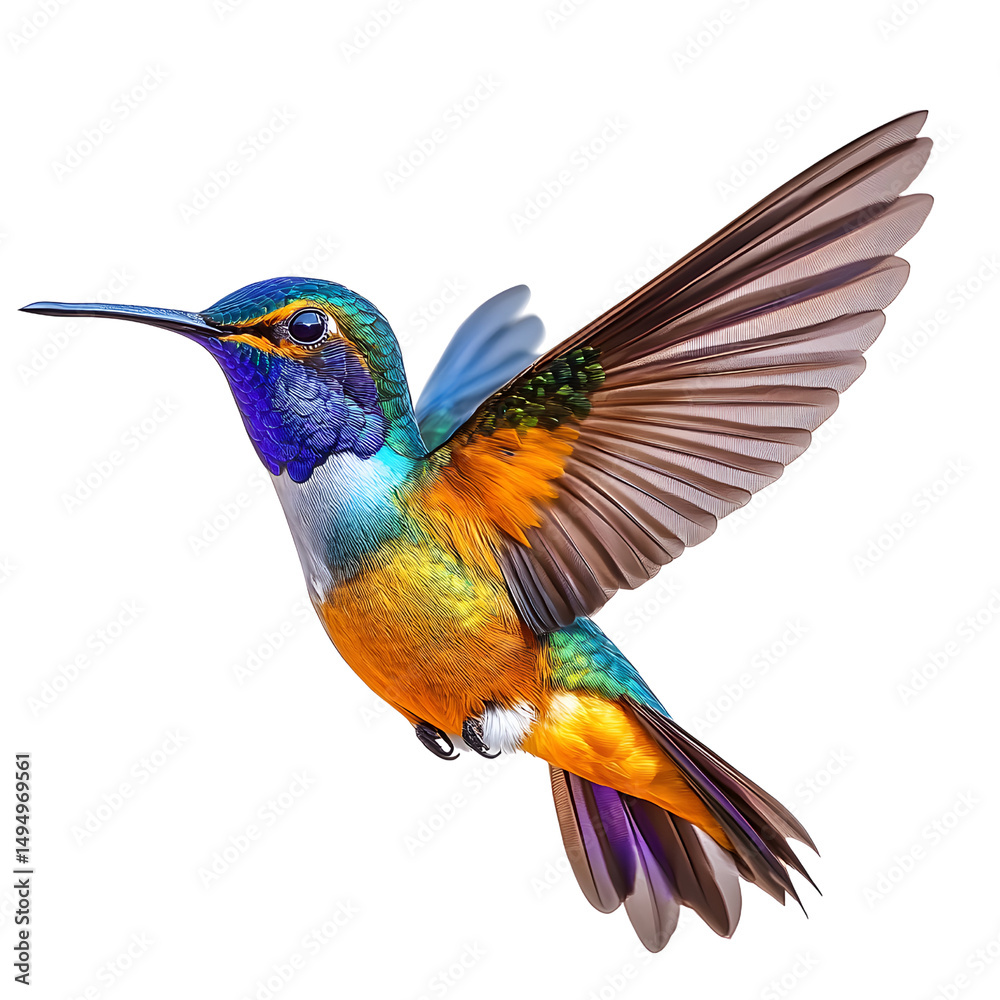 Fototapeta premium Vibrant Hummingbird in Flight Black Background