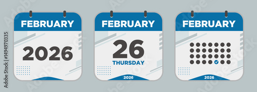 Modern Calendar icon. February. 2026 26 day. The concept of waiting for an important date. Day calendar with date February 26. Cheklist day calendar. Vector illustration.
