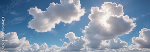 Aged paper, vibrant blue sky, fluffy white clouds, sunlit glow ,  creased, texture,  faded