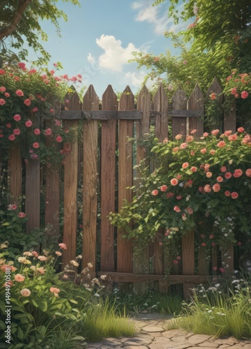Distressed wooden fence partially hidden by lush flowering vines, vintage frame , cracked, climbing
