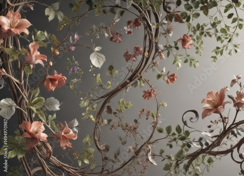 Intricate floral swirls, vines & leaves, delicate details , whimsical, art, pattern