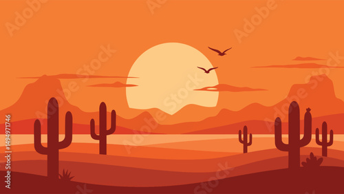 modern flat desert sunset scene with flying bird, glowing sun, and cactus plants in clean solid color minimal vector design