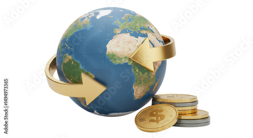 Isolated Earth Globe with Currency Exchange Arrows