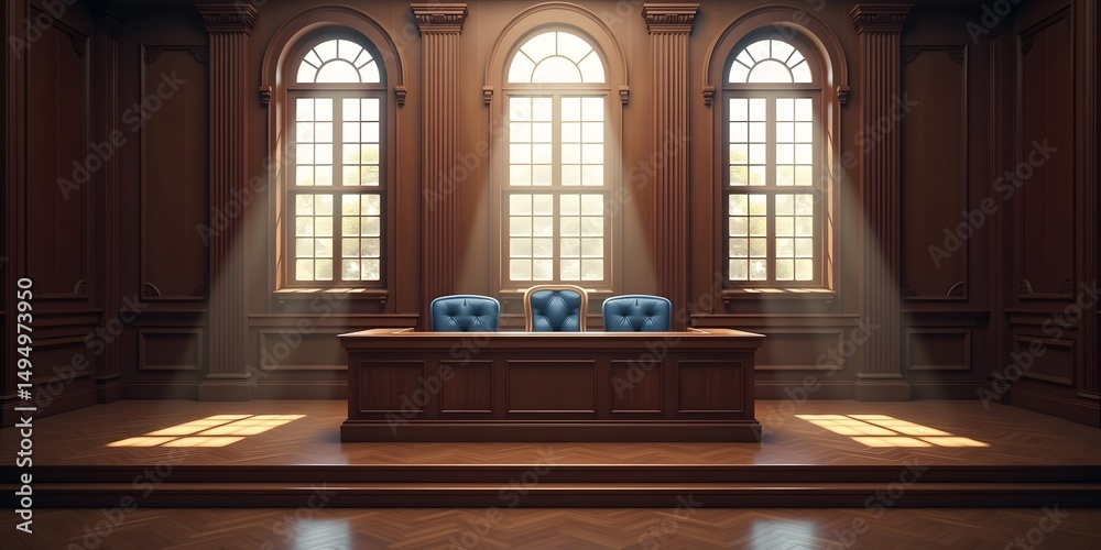Fototapeta premium Courtroom judge bench justice system law legal proceeding trial room interior