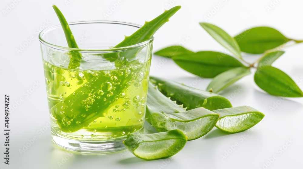 Fototapeta premium Refreshing Aloe Vera Drink with Fresh Green Leaves in a Glass on a Light Background