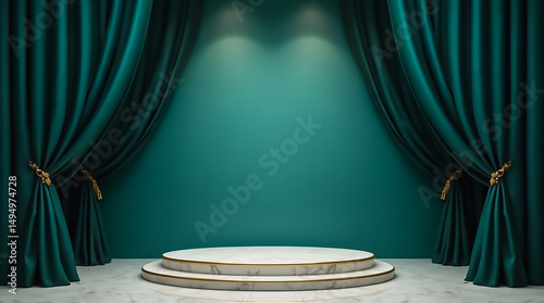 Elegant teal stage setup with draped curtains and a marble platform for performance or presentation