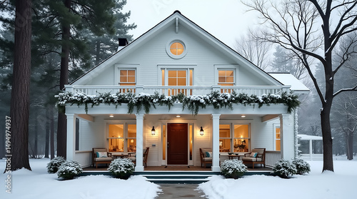 Snowy winter wonderland home with warm indoor lights and festive decorations at twilight