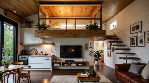 Cozy modern cabin interior with open floor plan and wooden accents in a serene environment