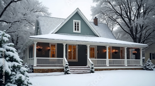 Cozy gray house covered in snow during a serene winter morning in a quiet neighborhood
