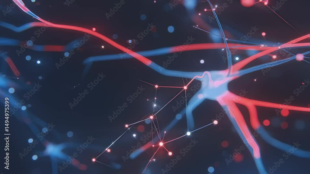 An abstract illustration of a neural network adapting in realtime with sections of damaged neurons illuminated in red while the AGI visualizes new connections forming in blue symbolizing
