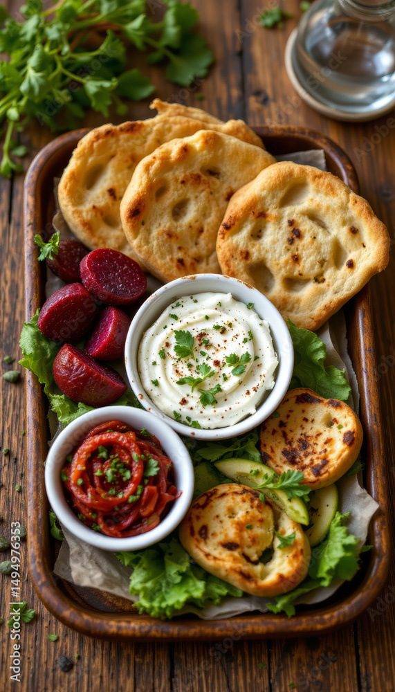 Fototapeta premium Delicious traditional flatbreads served with creamy dip, fresh vegetables, and vibrant toppings