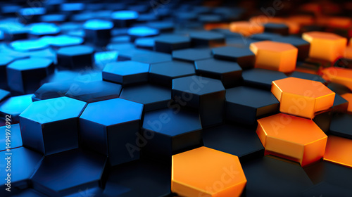 Black and blue hexagonal 3D pattern with orange accents, symbolizing modern geometric harmony