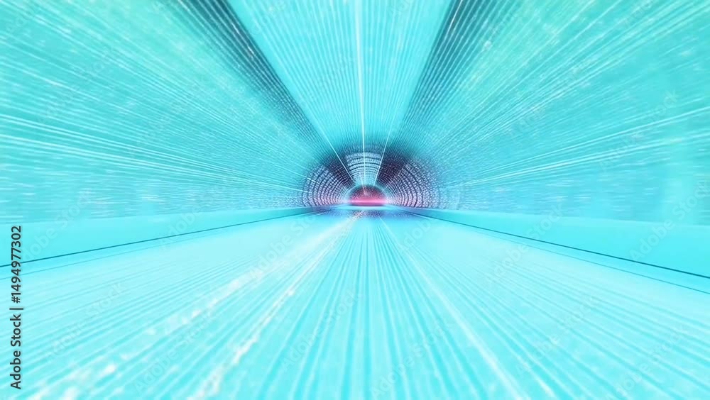 A futuristic high-speed tunnel illuminated with bright cyan lines creating a vanishing point perspective and motion blur effect. Transportation concept
