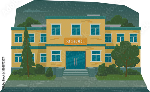 Illustration of a school building on a rainy day, with dark clouds and wet surroundings. Designed in a clean cartoon style, this scene fits educational projects, story visuals, editorial use, children