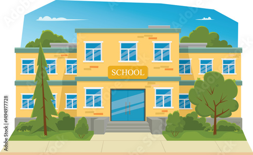 Crisp vector composition showing a symmetrical view of a modern school exterior. Created in a clean cartoon style, this file is perfect for educational content, learning apps, book covers, and infogra