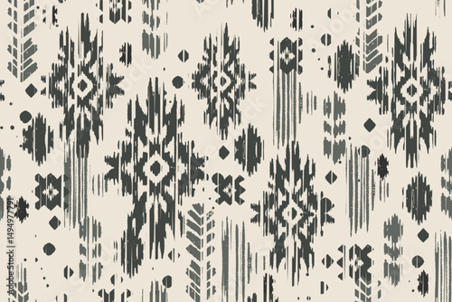 A seamless ikat pattern inspired by tribal and folk embroidery. Featuring Mexican Aztec geometric shapes. Perfect for graphic art, rug design, wallpaper, gift wrapping and clothing
