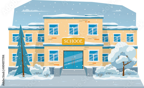 Bright and friendly vector of a school building on a snowy day. Flat cartoon style with winter trees and falling snow, perfect for educational use, holiday visuals, classroom posters, and digital.