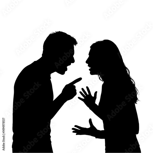 Silhouette of couple arguing conflict disagreement relationship issues divorce anger frustration fight stress