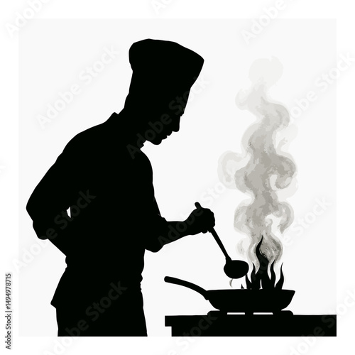 Chef silhouette cooking food in pan with flames and smoke professional kitchen culinary art design