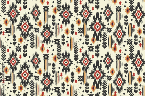 A seamless ikat pattern inspired by tribal and folk embroidery. Featuring Mexican Aztec geometric shapes. Perfect for graphic art, rug design, wallpaper, gift wrapping and clothing