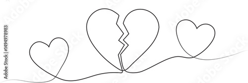 Broken Heart Continuous Single Line Drawing.  Black Isolated On White Background, Vector Illustration.