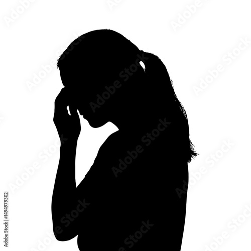 Silhouette of woman with headache migraine stress anxiety depression mental health and pain suffering concept