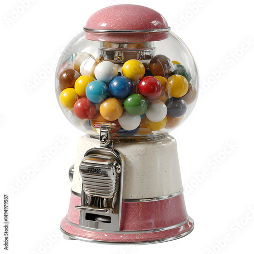 A vintage gumball machine filled with colorful gumballs against a plain white background