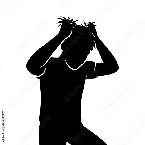 Silhouette of stressed person pulling hair out in frustration and anxiety vector illustration art