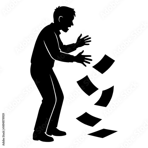 Silhouette of man throwing papers in the air concept of stress and frustration in black and white art 