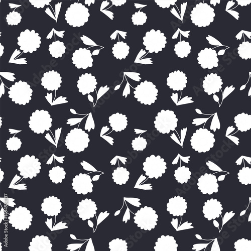 Black and white ditsy floral seamless pattern. Hand drawn vintage backdrop with tiny daisy flowers silhouettes. Monochrome Cottagecore texture with sketchy blooms and leaves.